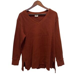 Pact Womens Organic Cotton Waffle Knit V-Neck‎ Pullover Top Rust Brown XL